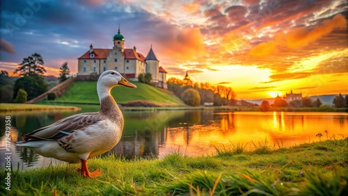 Long Exposure Sunset: Duck on Farm near Castle Castolovice photo