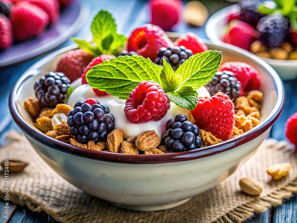 Macro Photo: Healthy Breakfast Bowl with Granola, Yogurt & Berries Macro Photo: Healthy Breakfast Bowl with Granola, Yogurt & Berries