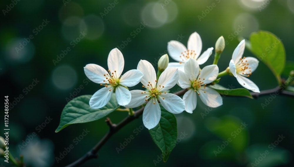 Delicate white flowers on a branch amidst dark foliage, petals, botanical, flower branch Delicate white flowers on a branch amidst dark foliage, petals, botanical, flower branch
