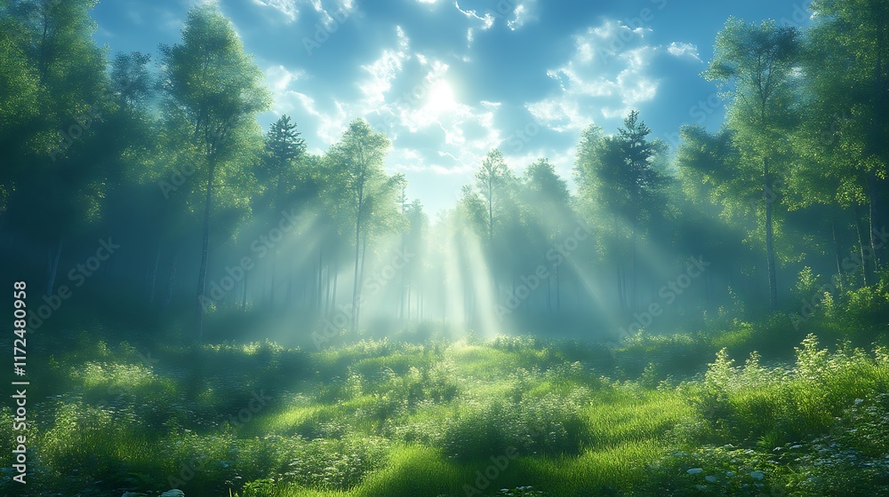 Sunbeams illuminating a misty forest path. Sunbeams illuminating a misty forest path.