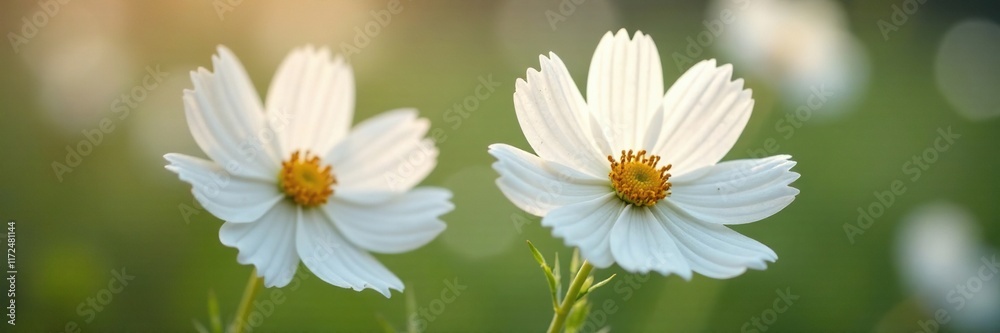 Fototapeta premium delicate white cosmos flower petals unfolding, bloom, floral