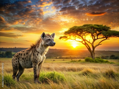 Majestic Hyena in Serengeti Sunset: Wildlife Stock Photo photo