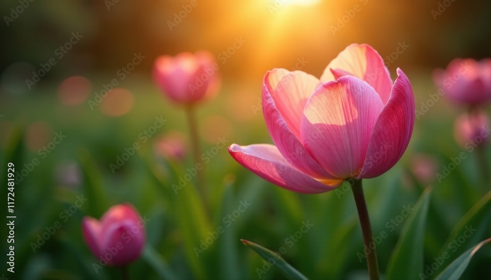 Delicate petals unfurl in morning's golden glow, dewy, garden Delicate petals unfurl in morning's golden glow, dewy, garden