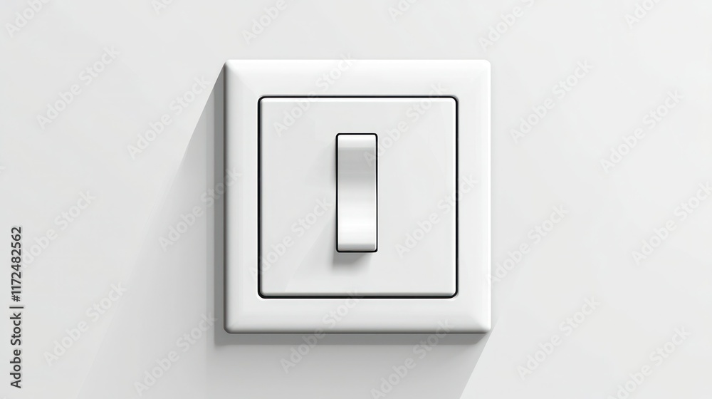 A plain, square light switch in the 'on' position, centered on a white background with light shadows for subtle depth. A plain, square light switch in the 'on' position, centered on a white background with light shadows for subtle depth.