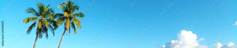 Obraz premium A single majestic palm tree rises high in the clear blue sky with a few clouds, isolated, serene, trees