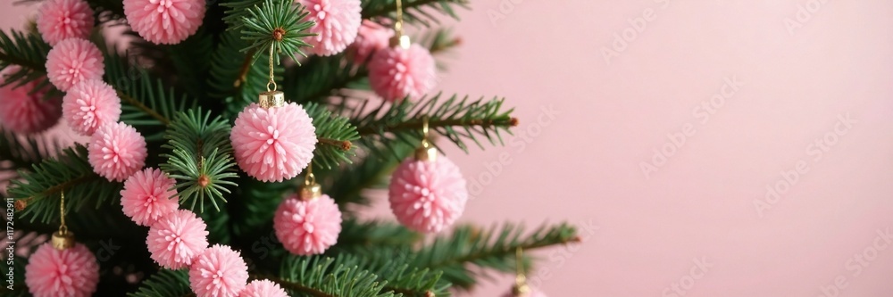 Pastel pink pom-pom garland adds texture to tree, whimsical feel, pastel pink pom-poms, garland Pastel pink pom-pom garland adds texture to tree, whimsical feel, pastel pink pom-poms, garland