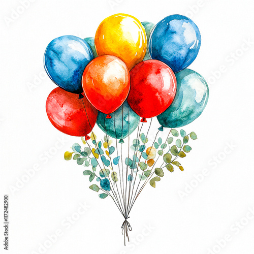 Watercolor painting of vibrant balloons bouquet with eucalyptus leaves, celebration theme photo