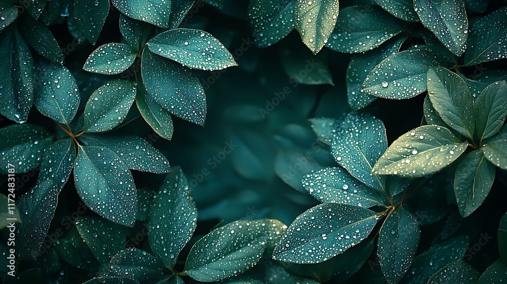 Obraz premium A delicate border of green leaves adorned with sparkling dew droplets, arranged symmetrically to frame a blank center for text, soft sunlight creating a warm and fresh morning atmosphere, hd quality.
