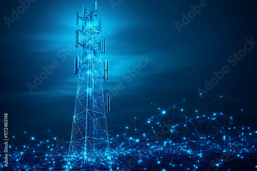 telecommunication base station receiver, featuring a tall tower with multiple antennas, dishes, and signal transmitters. The design highlights modern telecommunication technology