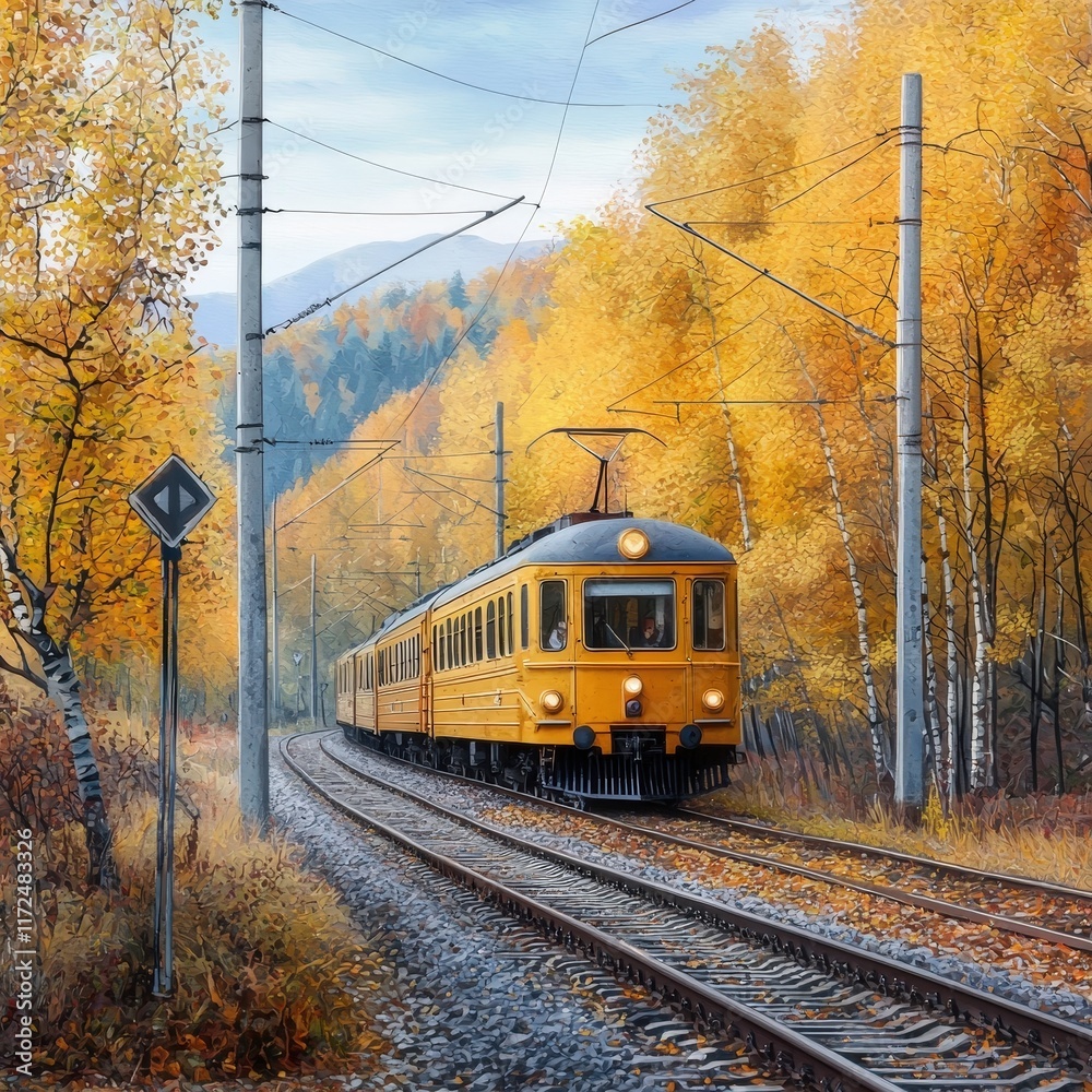 A photostock of a scenic train ride through a vibrant autumn forest A photostock of a scenic train ride through a vibrant autumn forest