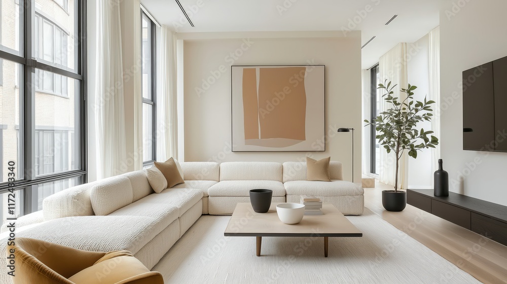 Generative AI, A minimalist living room with a modular cream boucle sofa, mustard velvet armchair, and natural light enhancing a neutral design