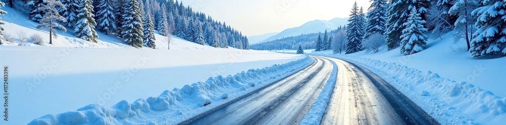 Ice covered road bending sharply around a snowbank, landscape, roads, cold weather Ice covered road bending sharply around a snowbank, landscape, roads, cold weather