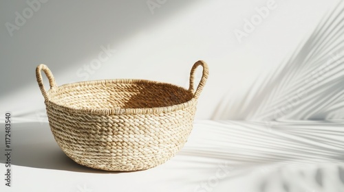 A simple woven wicker basket with handles on a white background, casting a light shadow. photo