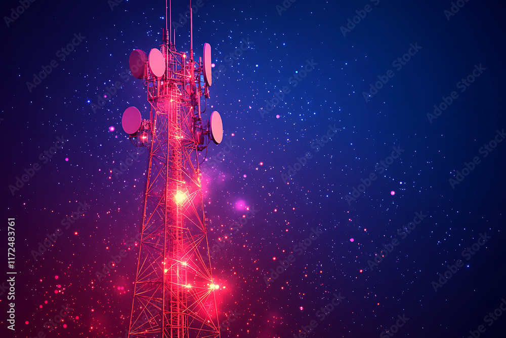 telecommunication base station receiver, featuring a tall tower with multiple antennas, dishes, and signal transmitters. The design highlights modern telecommunication technology telecommunication base station receiver, featuring a tall tower with multiple antennas, dishes, and signal transmitters. The design highlights modern telecommunication technology