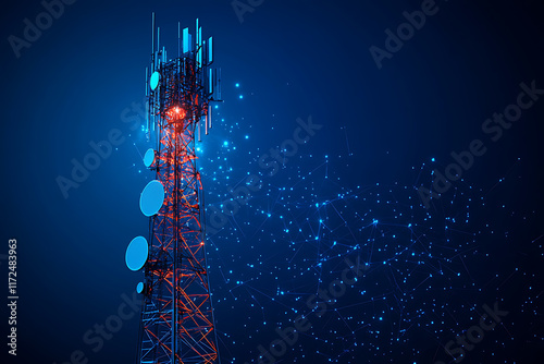 telecommunication base station receiver, featuring a tall tower with multiple antennas, dishes, and signal transmitters. The design highlights modern telecommunication technology