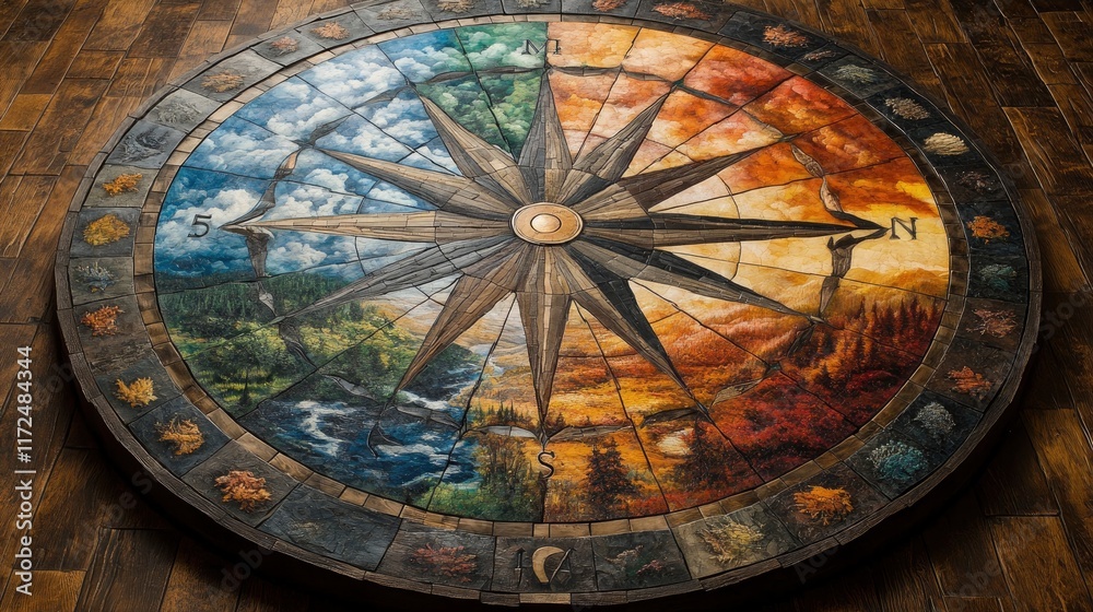 Fototapeta premium Giant compass with each direction showing different seasonal landscapes