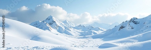 Snow-covered terrain with rolling mounds and hills, hilltops, winter scenery photo
