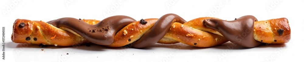 Twisted pretzel rod with a chocolate biscuit-flavored cream coating isolated on white background, Pretzels, , Cream Twisted pretzel rod with a chocolate biscuit-flavored cream coating isolated on white background, Pretzels, , Cream