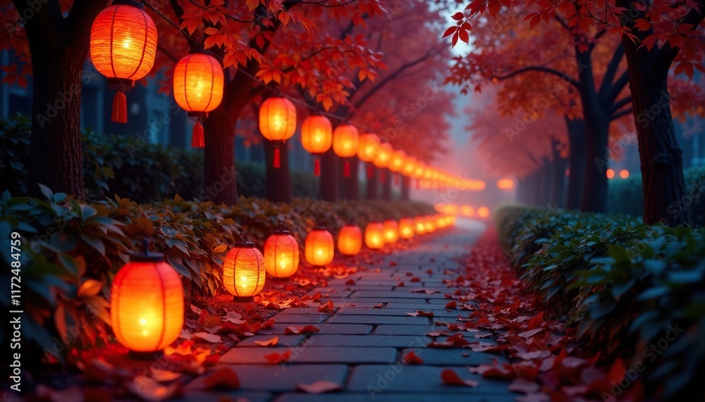 Naklejka premium A winding path lined with glowing lanterns and falling leaves, warm light, lanterns, leaves