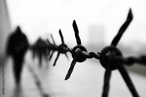 Barbed wire fence along a desolate path with shadowy figures walking in the distance during overcast weather