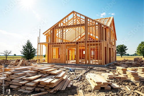 Wooden house framework under construction, surrounded by stacks of lumber, sunny rural landscape, concept of homebuilding, construction progress. Ai generative photo