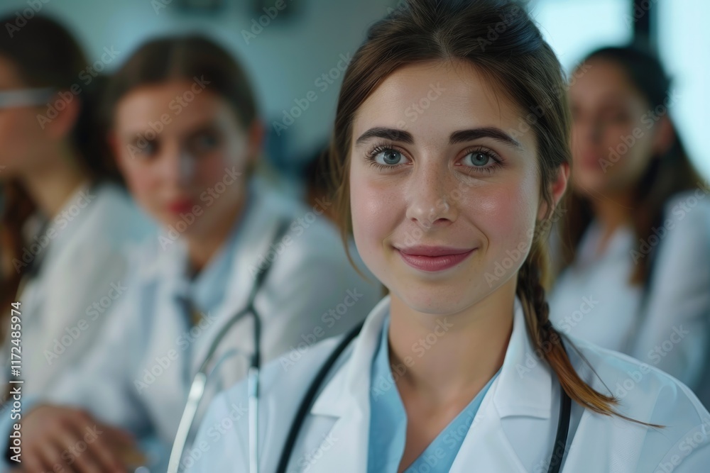 Smiling female doctor with colleagues in background Smiling female doctor with colleagues in background
