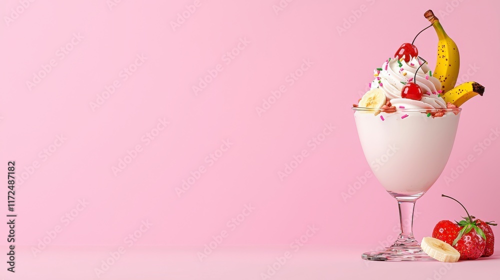 Delicious Ice Cream Sundae with Fruits and Cherry on Pink Background Delicious Ice Cream Sundae with Fruits and Cherry on Pink Background