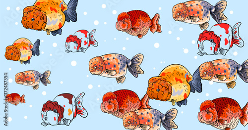 Beautiful Koki fish, goldfish on water hand drawing vector illustration. Asian fish animal symbol.