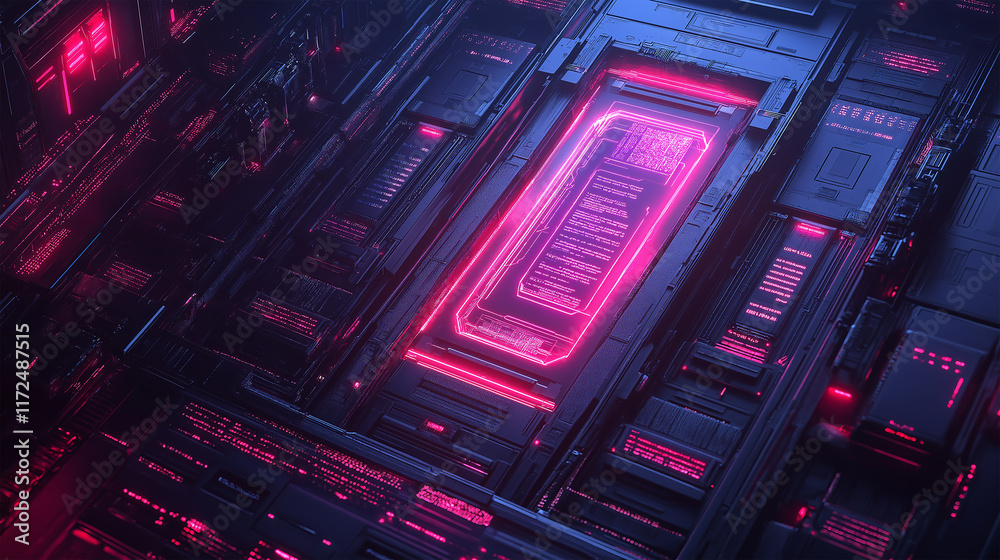 Obraz premium Futuristic Microchip on a High-Tech Circuit Board with Glowing Components