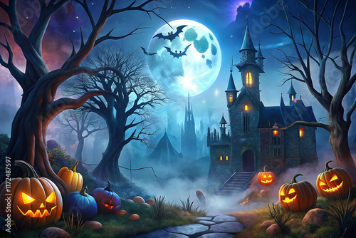 Halloween night scene with haunted castle, pumpkins, bats, and full moon. photo