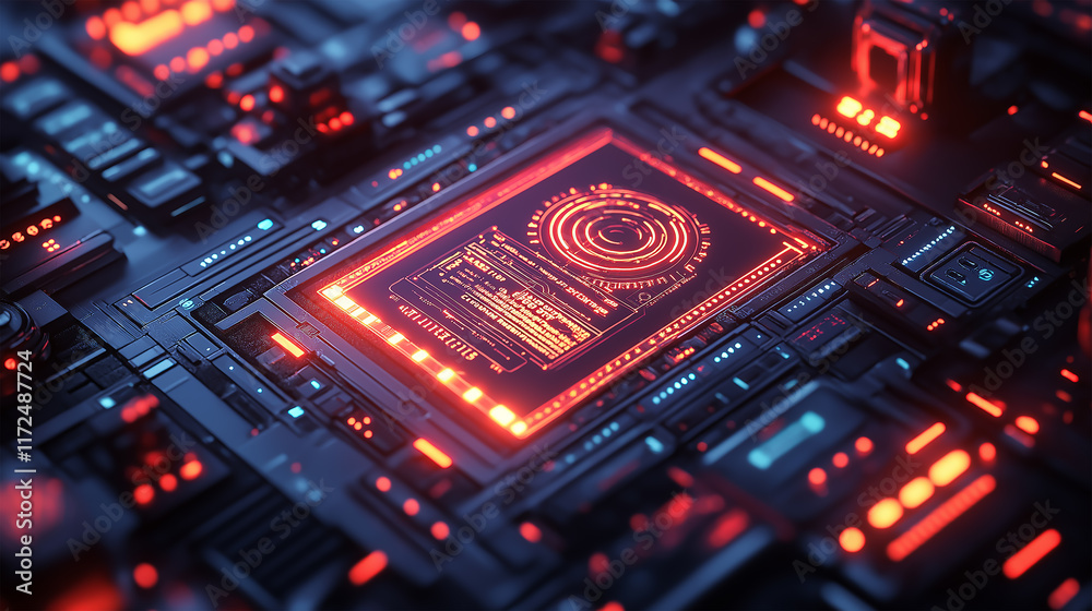 Fototapeta premium Futuristic Microchip on a High-Tech Circuit Board with Glowing Components