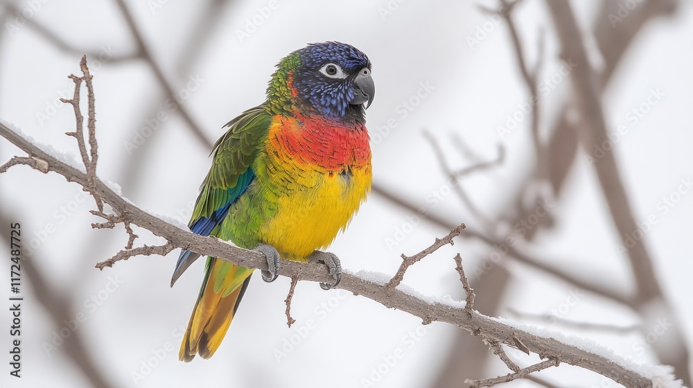 A colorful parrot perched on a snowy branch, showcasing its vibrant plumage. A colorful parrot perched on a snowy branch, showcasing its vibrant plumage.