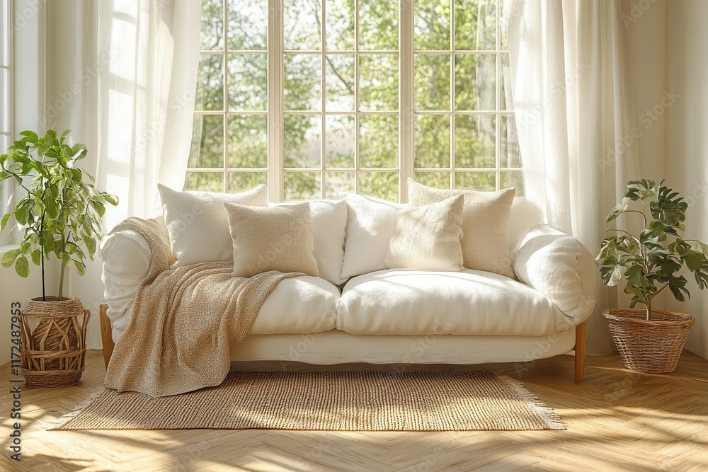 white sofa positioned on wooden parquet flooring encapsulating minimalist scandinavian design with light streaming in and creating an airy welcoming ambiance in a chic living space white sofa positioned on wooden parquet flooring encapsulating minimalist scandinavian design with light streaming in and creating an airy welcoming ambiance in a chic living space