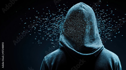 A hooded figure in a dark room, illuminated by the glow of multiple computer screens displaying lines of code, representing the clandestine world of hackers.