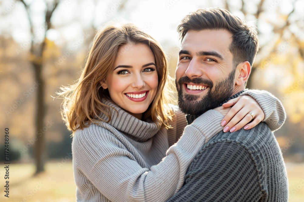 A happy couple smiling, embracing outdoors in cozy sweaters, with autumn foliage in the background, symbolizing love and togetherness. Ai generative A happy couple smiling, embracing outdoors in cozy sweaters, with autumn foliage in the background, symbolizing love and togetherness. Ai generative