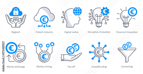A set of 10 euro icons as regtech, fintech industry, digital native