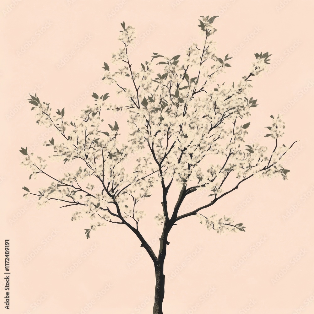 A blossoming tree with delicate white flowers on a pale background A blossoming tree with delicate white flowers on a pale background