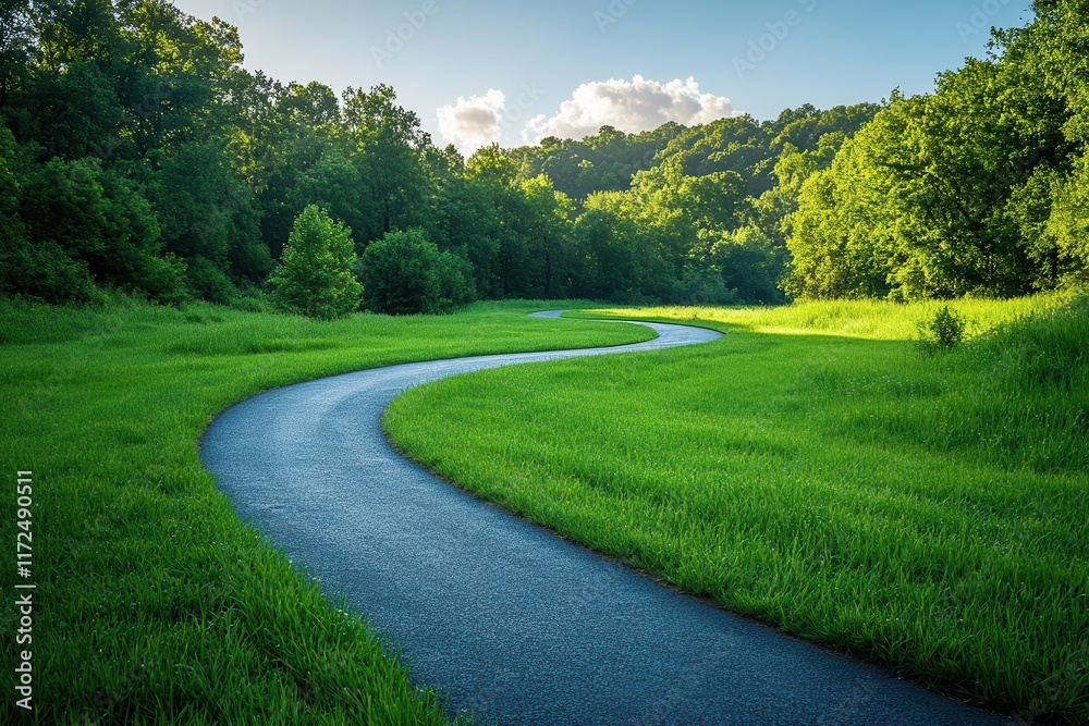 winding asphalt path meandering through lush green grass under a clear blue sky inviting exploration and a sense of tranquility in a serene natural setting winding asphalt path meandering through lush green grass under a clear blue sky inviting exploration and a sense of tranquility in a serene natural setting