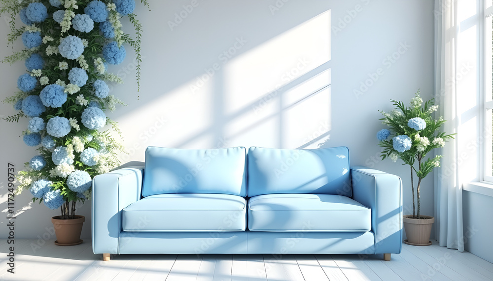 Fototapeta premium light blue sofa in modern living room with flower wall and natural light