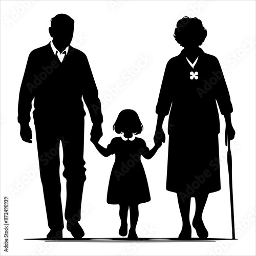 Grandparents walking silhouette vector. Child enjoying with grandfather and grandmother vector art illustration on a white background