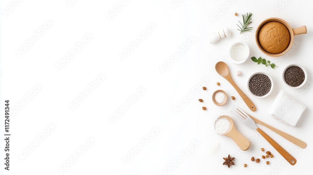 Fototapeta premium An Aesthetic Arrangement of Baking Ingredients on a White Surface Featuring Spices, Herbs, and Cooking Utensils Ideal for Food Blogs and Culinary Projects