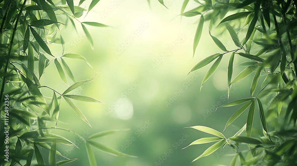 Naklejka premium A peaceful bamboo leaf border with a cascade of soft green leaves surrounding the edges, subtle lighting highlighting their natural curves, leaving the center blank for text, simple and meditative,