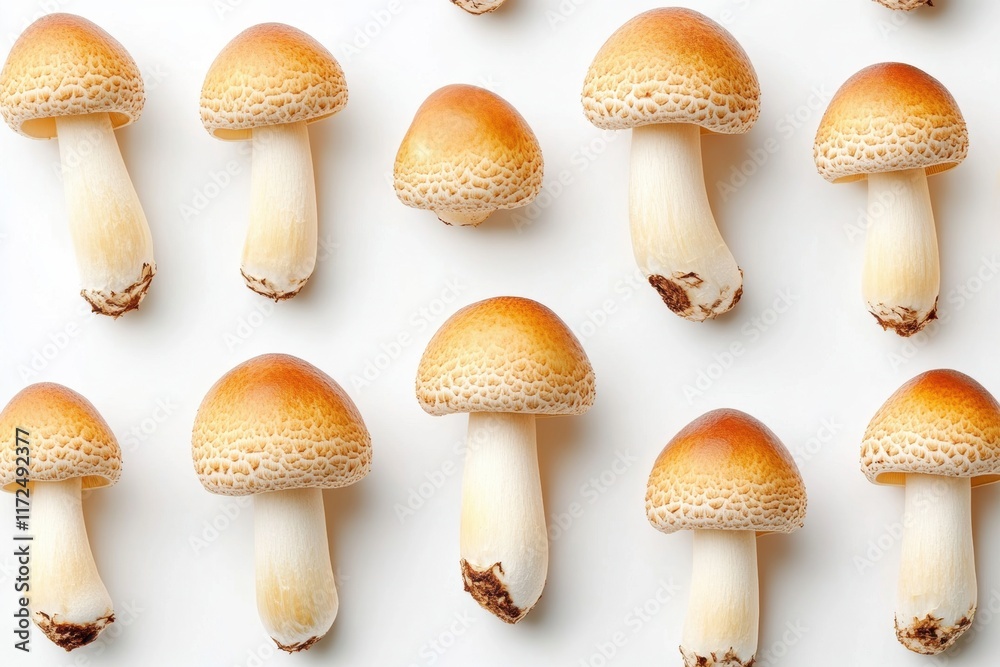Flat Lay of Brown Mushrooms on White Background Flat Lay of Brown Mushrooms on White Background