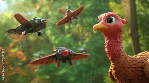 Playful Turkey and Whimsical Airplanes: A Charming Cartoon Scene photo