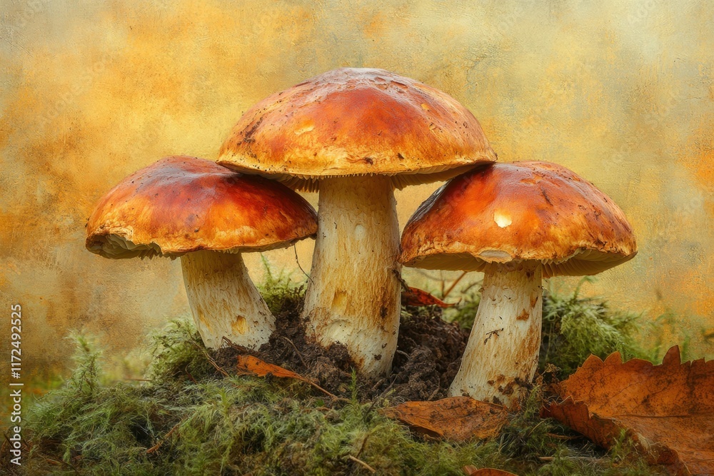 Three Autumn Mushrooms on Mossy Ground Three Autumn Mushrooms on Mossy Ground