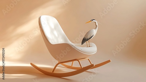 A modern rocking chair with a heron perched on the armrest set on a pale peach background photo