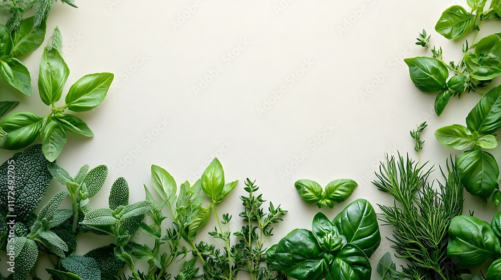 Obraz premium A playful border of culinary herb leaves like basil, thyme, and dill, arranged in a whimsical, flowing pattern, subtle shadows and natural light creating depth, the center blank for text,