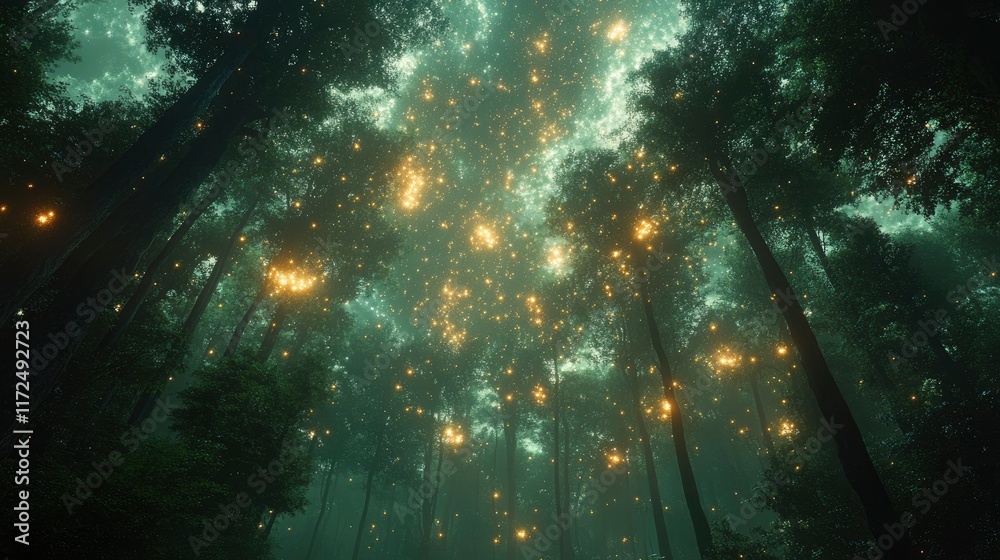 Obraz premium Forest where tree canopy is replaced by floating constellation map