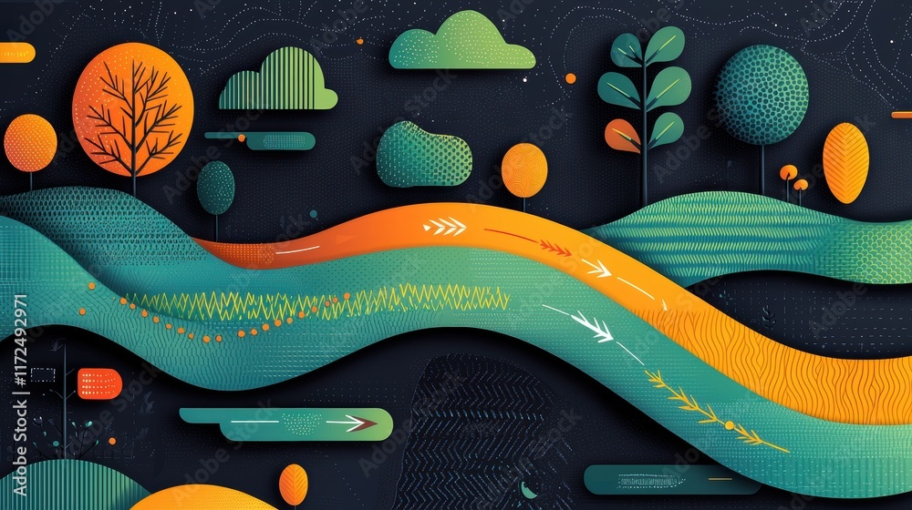 Obraz premium A vibrant illustration depicting a complex ecosystem, showcasing the interconnectedness of various organisms and their environment, with arrows indicating energy flow and relationships between