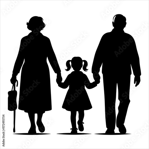 Grandparents walking silhouette vector. Child enjoying with grandfather and grandmother vector art illustration on a white background